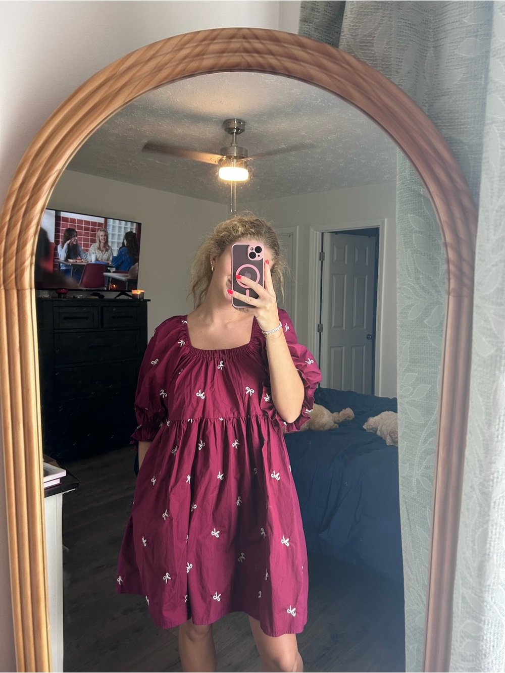 She and Sky Burgundy Mini Dress with White Embroidery